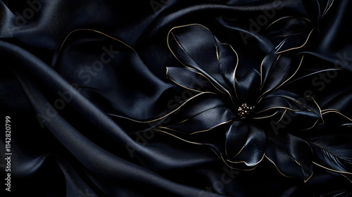 Black luxury cloth, silk satin velvet, with floral shapes, gold threads, luxurious wallpaper, elegant abstract design photo