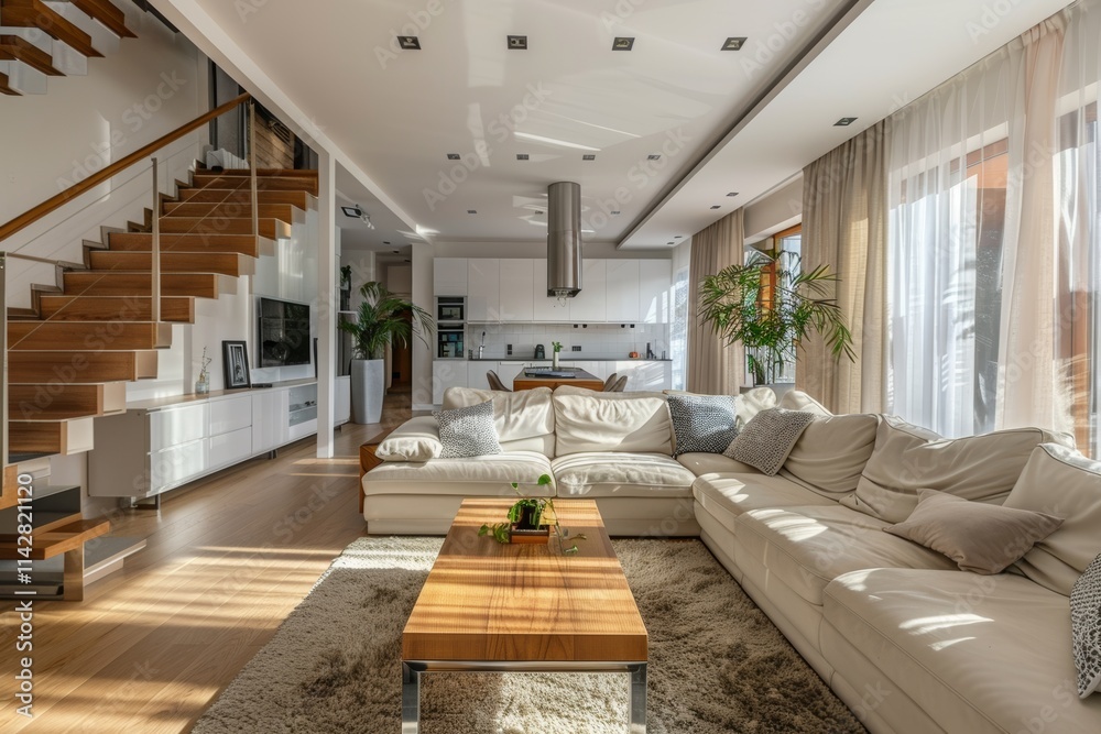 Fototapeta premium A spacious living room with a white sectional sofa and wooden stairs