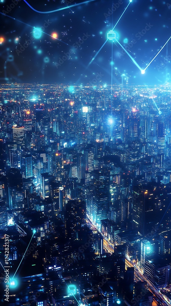 Futuristic Cityscape: A Nighttime Aerial View of a Smart City Illuminated with Technology Futuristic Cityscape: A Nighttime Aerial View of a Smart City Illuminated with Technology