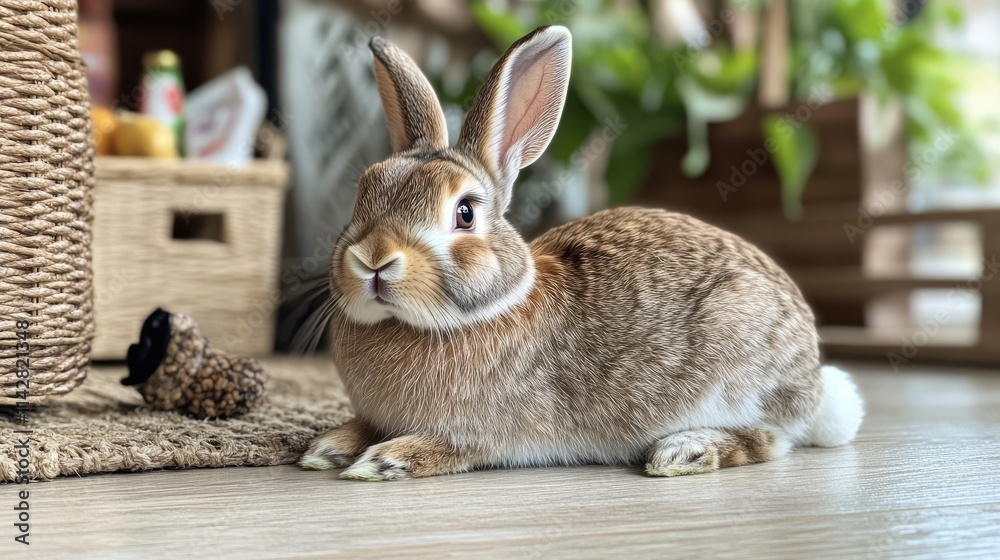 Fototapeta premium Rabbit resting on light wooden floor with subtle decor
