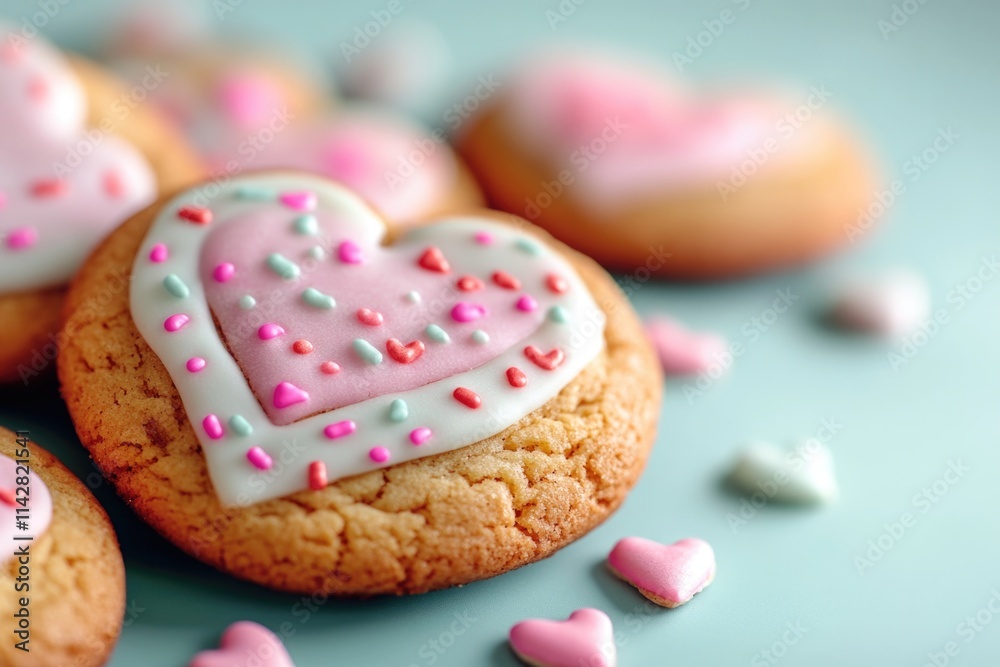 Close-up shot of a cookie with pink frosting and colorful sprinkles, great for food or dessert photography Close-up shot of a cookie with pink frosting and colorful sprinkles, great for food or dessert photography
