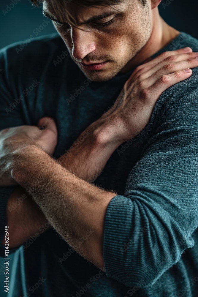 A man stands with his hands placed on his chest, conveying a sense of confidence and calmness A man stands with his hands placed on his chest, conveying a sense of confidence and calmness