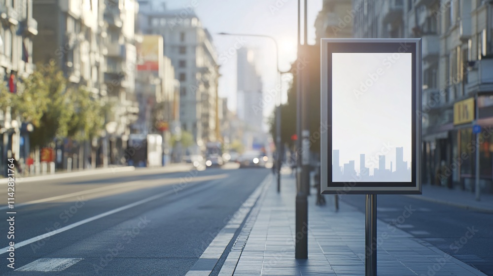 Urban street scene with a blank bus stop shelter, bathed in warm sunlight, showcasing a modern city vibe. Urban street scene with a blank bus stop shelter, bathed in warm sunlight, showcasing a modern city vibe.