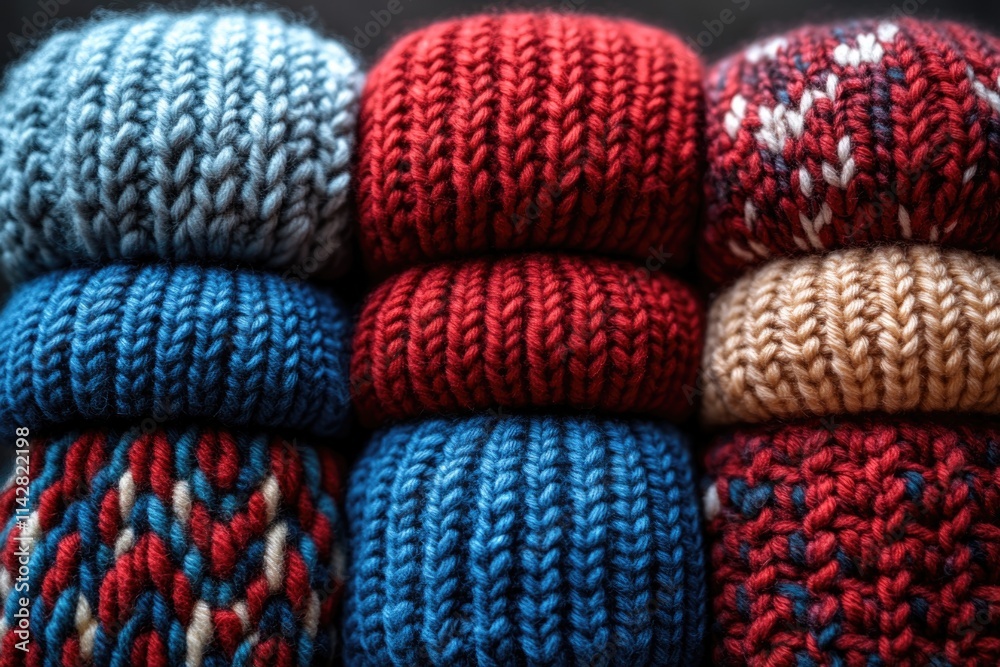 A stack of hand-knitted sweaters seen from above, textures and colors visible A stack of hand-knitted sweaters seen from above, textures and colors visible