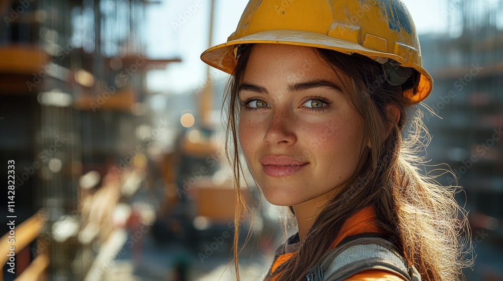 Confident construction worker smiling at building site in bright daylight Confident construction worker smiling at building site in bright daylight