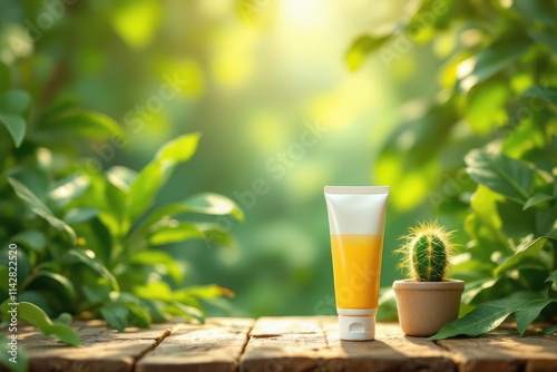 Natural skincare cream tube beside a small cactus on a wooden surface with blurred greenery