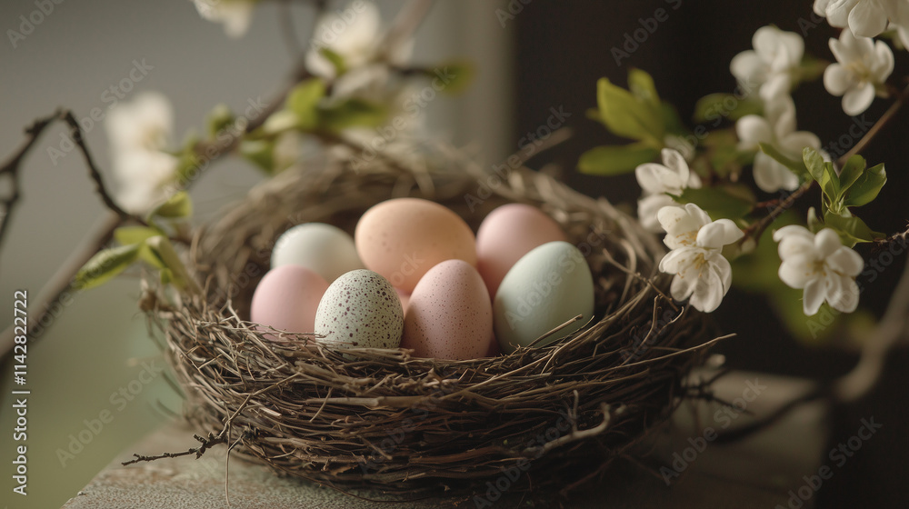 Easter Nest with Colorful Eggs and Spring Blossoms Easter Nest with Colorful Eggs and Spring Blossoms