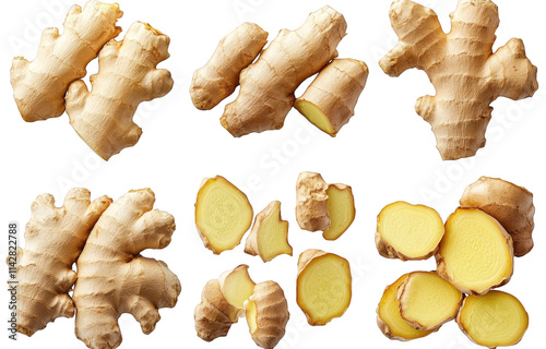 a collection of fresh ginger roots and slices. isolated on a transparent background the ginger is arranged in different configurations. showing the whole root. sliced pieces. and individual segments photo