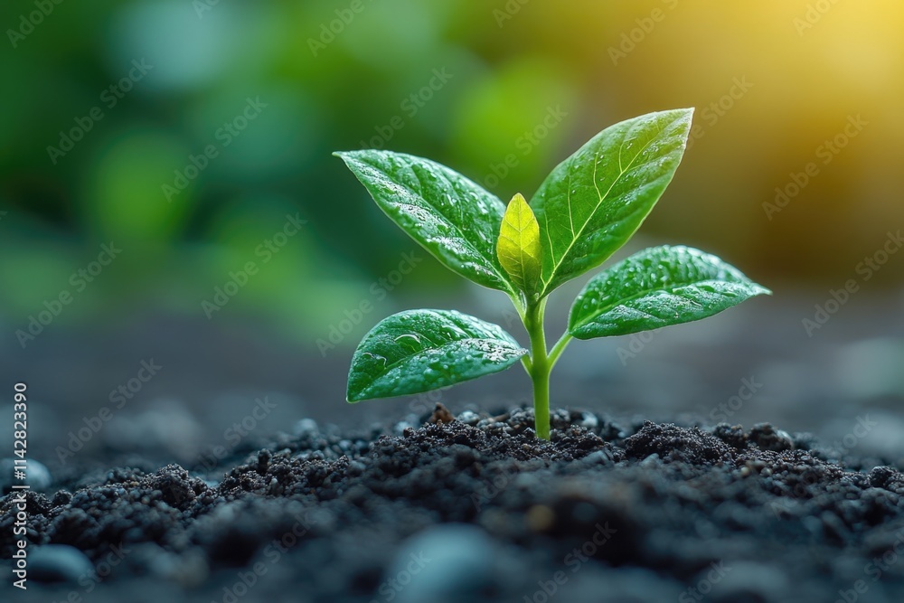 A small plant with new leaves and stem growing out of the earth A small plant with new leaves and stem growing out of the earth