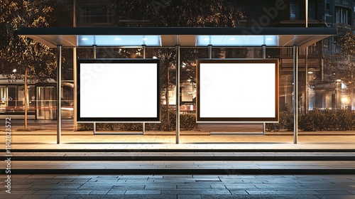 An empty bus stop showcasing two white billboards at night, illuminated by soft ambient lighting.