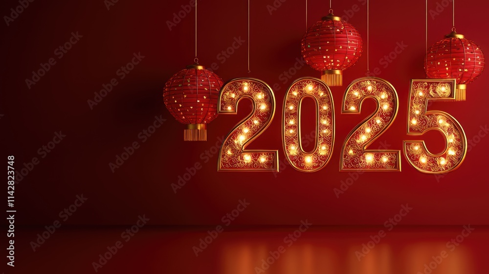 Naklejka premium Elegant 3D golden number 2025 with traditional Chinese lantern for New Year celebration. High-resolution festive design with red background and auspicious patterns. Luxury Chinese cultural elements fo
