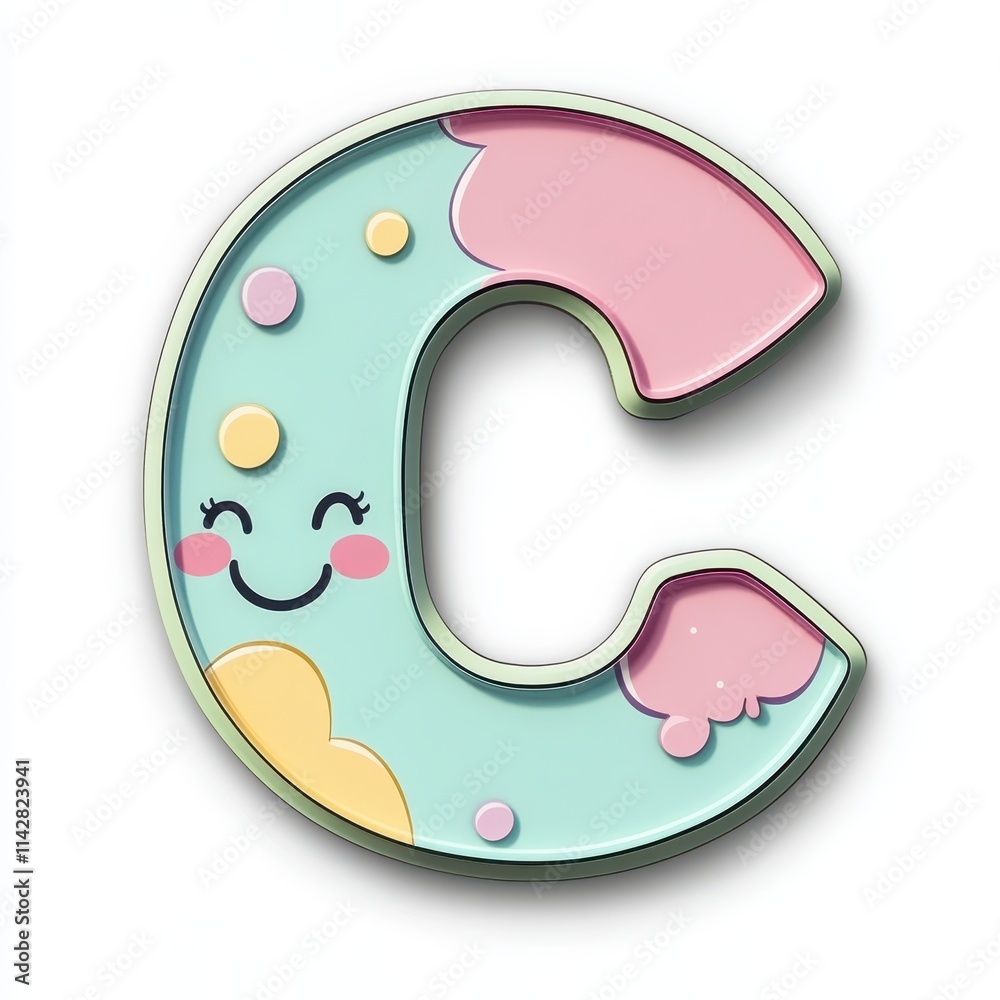 Pink cartoon letter C with a cute smiling face, decorative stars, and playful patterns on a blue background for kids educational designs Pink cartoon letter C with a cute smiling face, decorative stars, and playful patterns on a blue background for kids educational designs