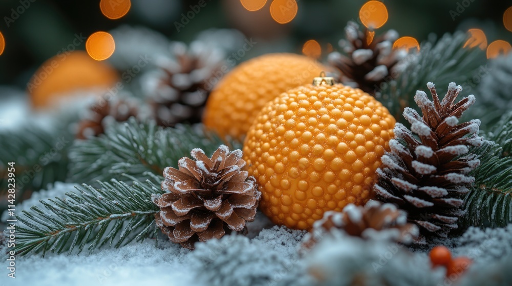 Close-up shot of oranges and pinecones on snowy background Close-up shot of oranges and pinecones on snowy background