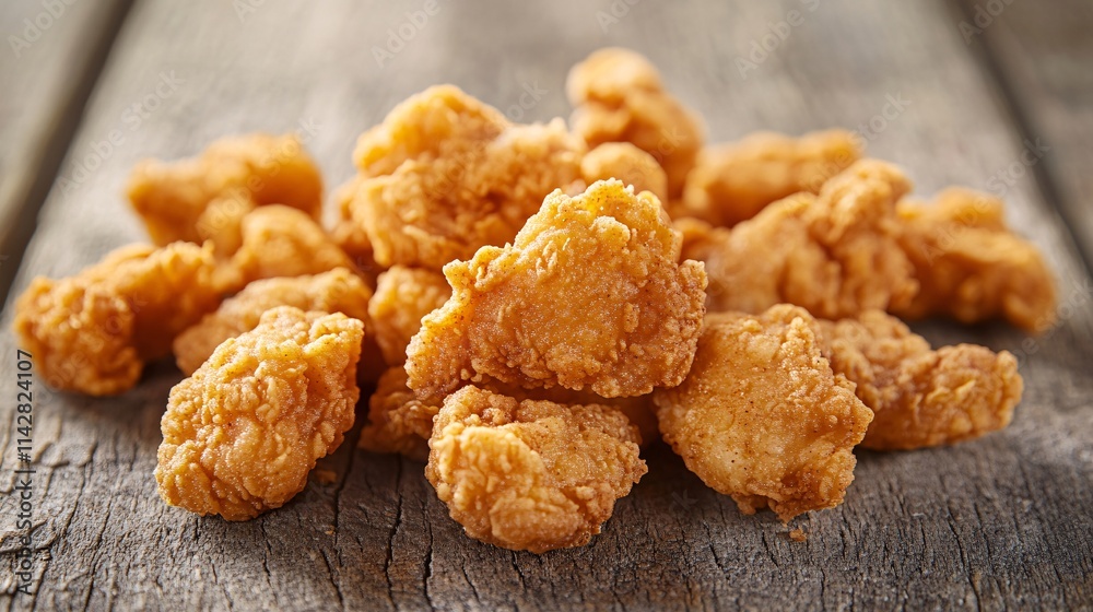 Crispy golden fried chicken bites piled on a rustic wooden surface. Crispy golden fried chicken bites piled on a rustic wooden surface.