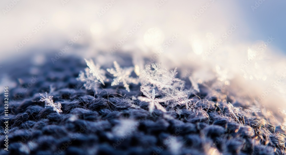 Close-up of snowflakes on knitted fabric with soft lighting Close-up of snowflakes on knitted fabric with soft lighting