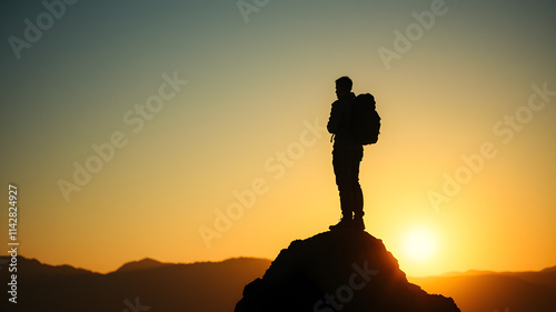 Far silhouette of exploration of an adventurous traveler on the blink of the cliff. AI generated image, ai photo