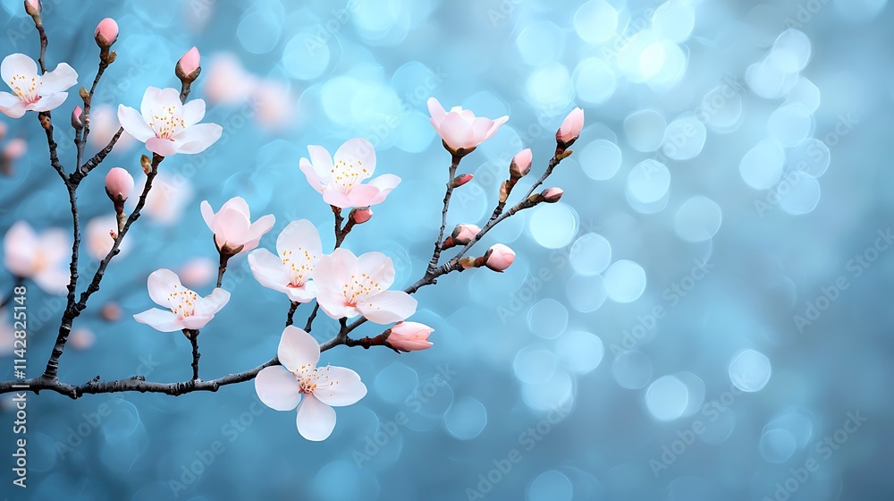 Delicate Pink Blossoms on a Branch in Soft Blue Light Delicate Pink Blossoms on a Branch in Soft Blue Light