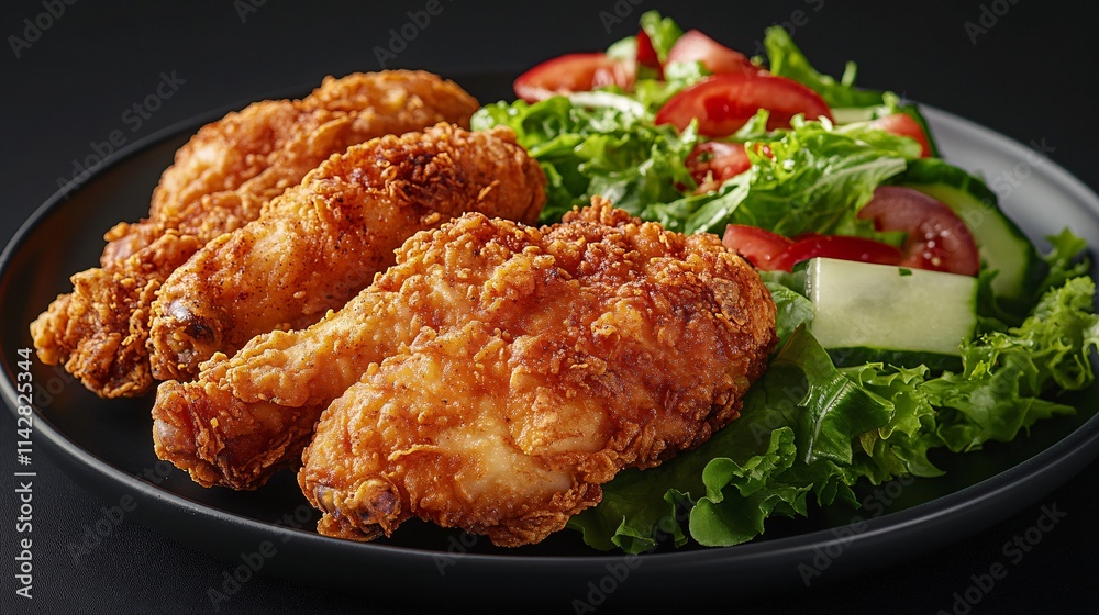 Delicious golden fried chicken wings served alongside a fresh garden salad. Delicious golden fried chicken wings served alongside a fresh garden salad.