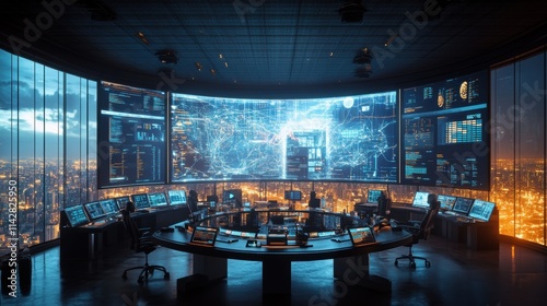 Futuristic command center with panoramic digital displays overlooking cityscape