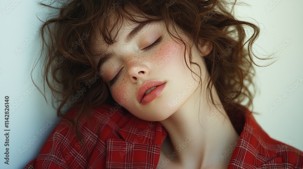 A person sleeps with their face down, freckles visible A person sleeps with their face down, freckles visible
