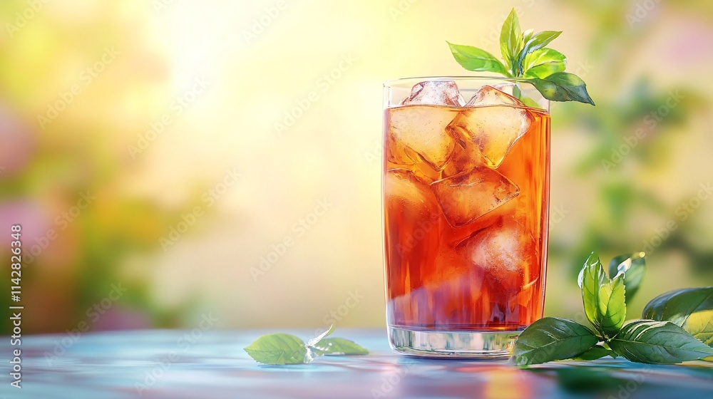 Refreshing iced drink garnished with fresh mint, capturing summer vibes with vibrant colors. Refreshing iced drink garnished with fresh mint, capturing summer vibes with vibrant colors.