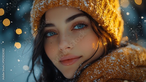 radiant lady with sparkling eyes, standing by a snow-covered cabin in a winter wonderland, soft glow from the cabin lights  photo