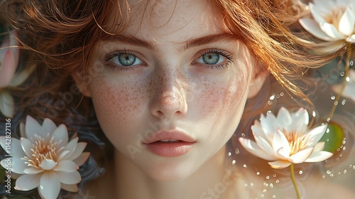 beautiful girl with freckles and auburn hair, standing by a pond full of lotus flowers, soft mist in the air 