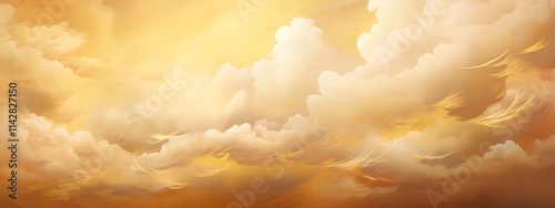 Golden sunset cloudscape, fluffy white and yellow clouds.