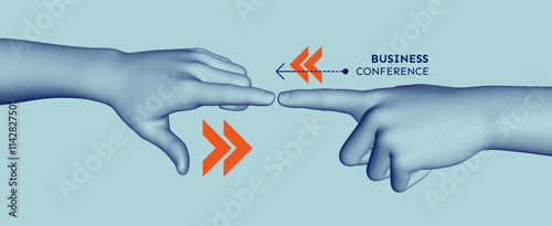 Business event invitation template. Hands with index fingers in mirror position reaching towards each other. Partnership Concept. Vector for an online course, seminar, webinar, advert or presentation.