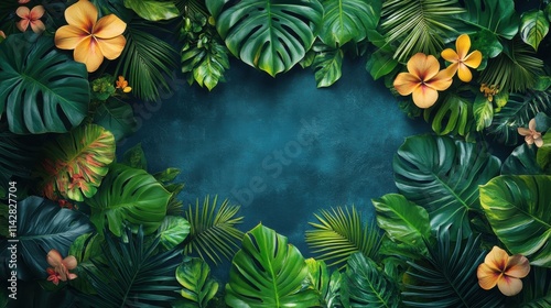 Tropical foliage frame with vibrant flowers on textured background