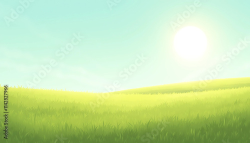 Peaceful Green Rolling Hill under Bright Sun in Digital Art Style