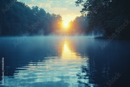 Sunrise over tranquil lake with mist and reflections at dawn in a serene forest setting. Generative AI