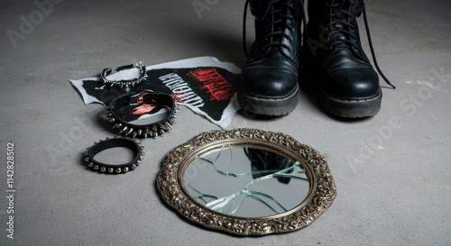 Gothic-themed items including boots, cracked mirror, bracelets, and cloth with print photo