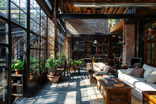 A modern loft sunroom with exposed brick walls and large windows photo