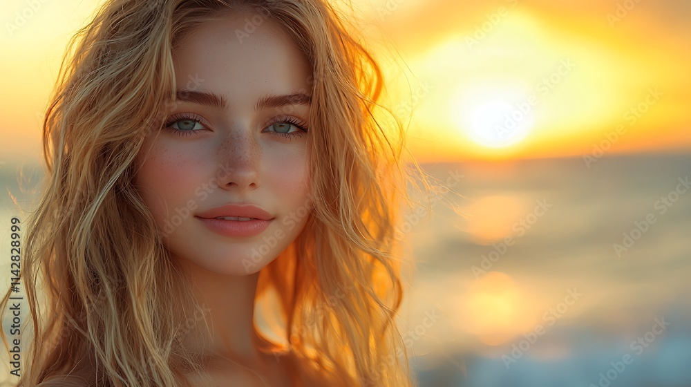 stunning woman with long, wavy blonde hair, standing on a beach at sunset, waves crashing gently behind her stunning woman with long, wavy blonde hair, standing on a beach at sunset, waves crashing gently behind her