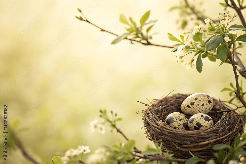 Quail eggs in nest among spring blossoms on tree branch. Quail eggs in nest among spring blossoms on tree branch.