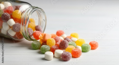 Glass jar tipped over, spilling colorful candy onto white surface