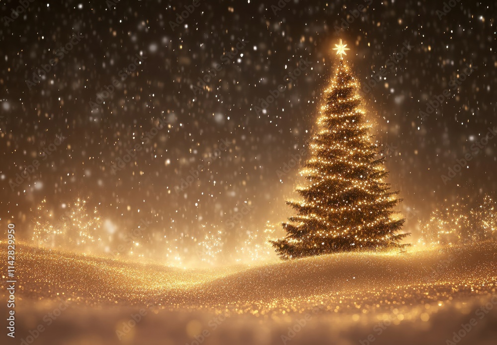Enchanting Christmas Tree Illuminated by Soft Golden Lights Surrounded by a Magical Snowfall in a Winter Wonderland Scene Enchanting Christmas Tree Illuminated by Soft Golden Lights Surrounded by a Magical Snowfall in a Winter Wonderland Scene