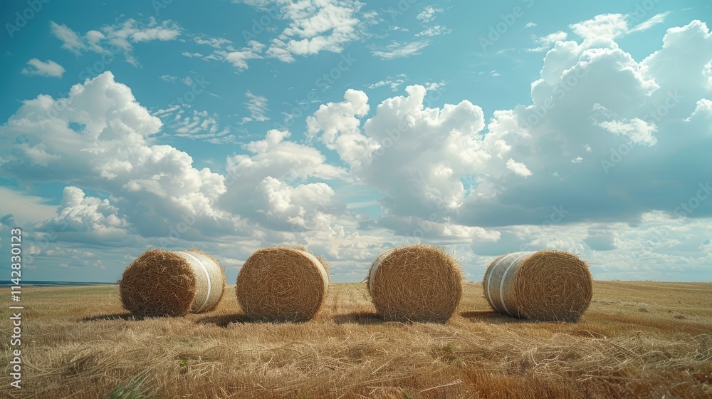 A serene landscape featuring hay bales under a blue sky with fluffy clouds. A serene landscape featuring hay bales under a blue sky with fluffy clouds.