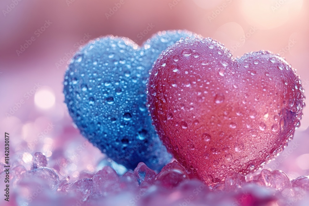 Obraz premium A pair of hearts sitting on top of a pile of ice, perfect for winter-themed designs and romantic occasions