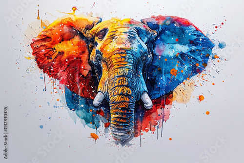African elephant head with colorful splashes on white background and hand drawn watercolor illustration 