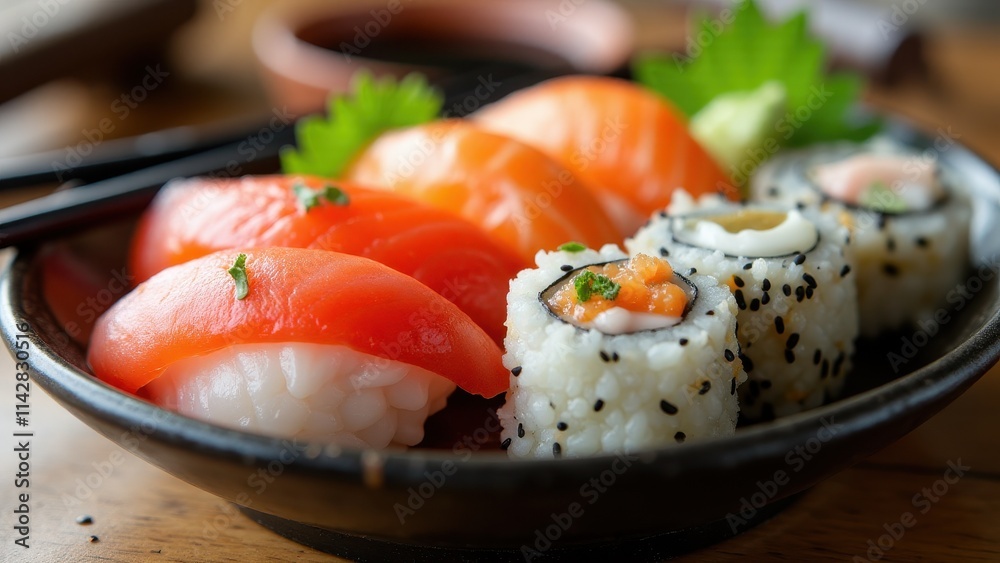 A close-up of an artful sushi platter with nigiri, sashimi, and maki rolls, served with chopsticks and soy sauce on a minimalist plate