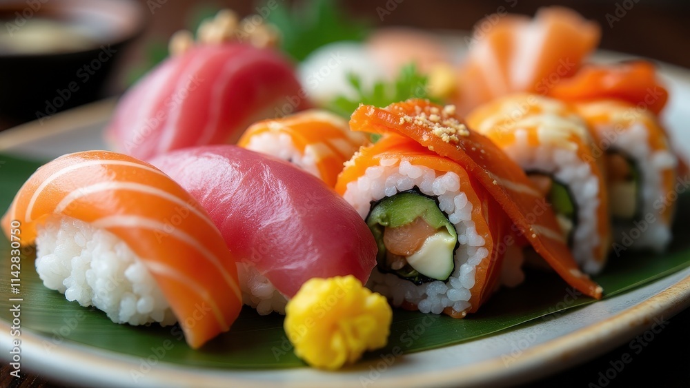 A close-up of an artful sushi platter with nigiri, sashimi, and maki rolls, served with chopsticks and soy sauce on a minimalist plate A close-up of an artful sushi platter with nigiri, sashimi, and maki rolls, served with chopsticks and soy sauce on a minimalist plate