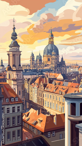 Wallpaper Mural Illustration, Cityscape of Dresden in Germany, touristic advertisement poster. Famous touristic must-see spot in Germany. Promotional touristic poster. Torontodigital.ca