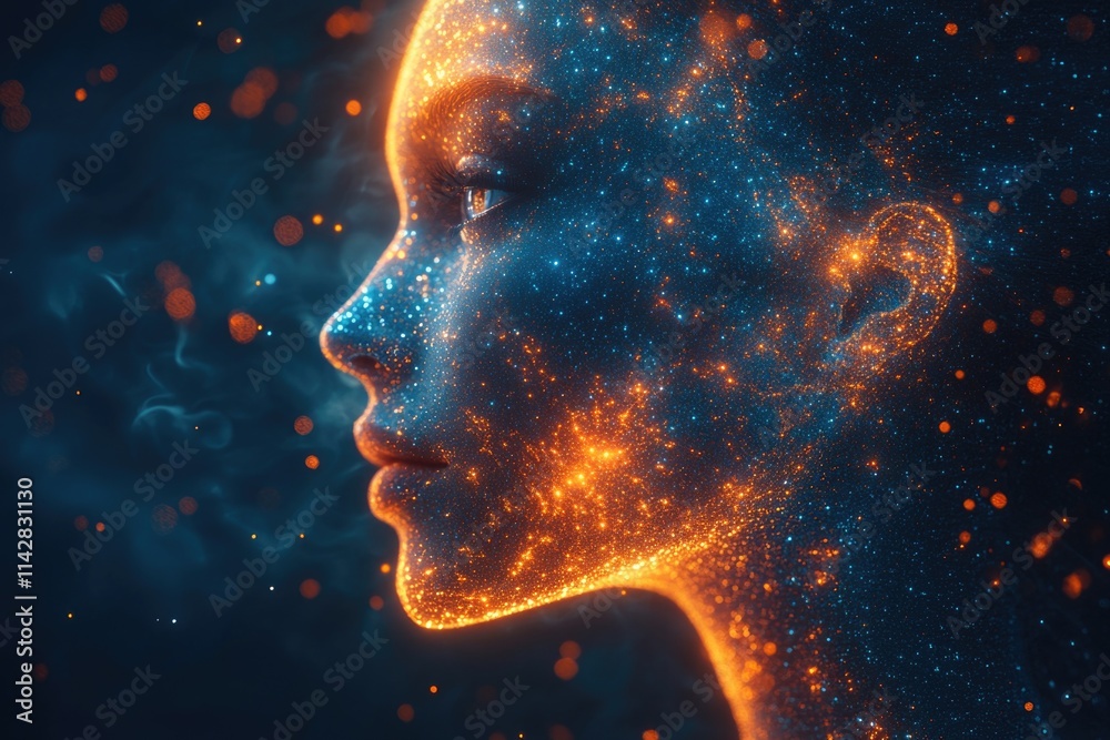 A close-up shot of a person's face with bright, glowing hair A close-up shot of a person's face with bright, glowing hair