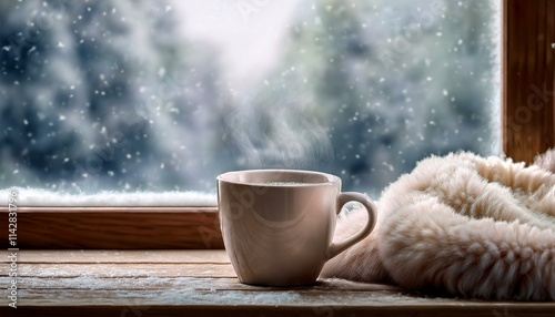 Scene with a mug full of warm coffee and a small blanket on a table on a cold winter day with falling snow visible through a window photo