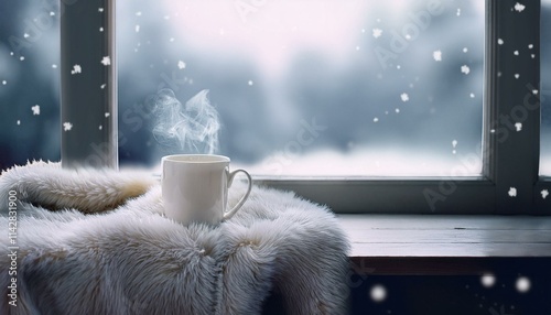 Scene with a mug full of warm coffee and a small blanket on a table on a cold winter day with falling snow visible through a window photo