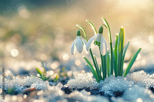 The first spring flowers snowdrops grow from under the snow. Early spring. Background, wallpaper, banner, poster.