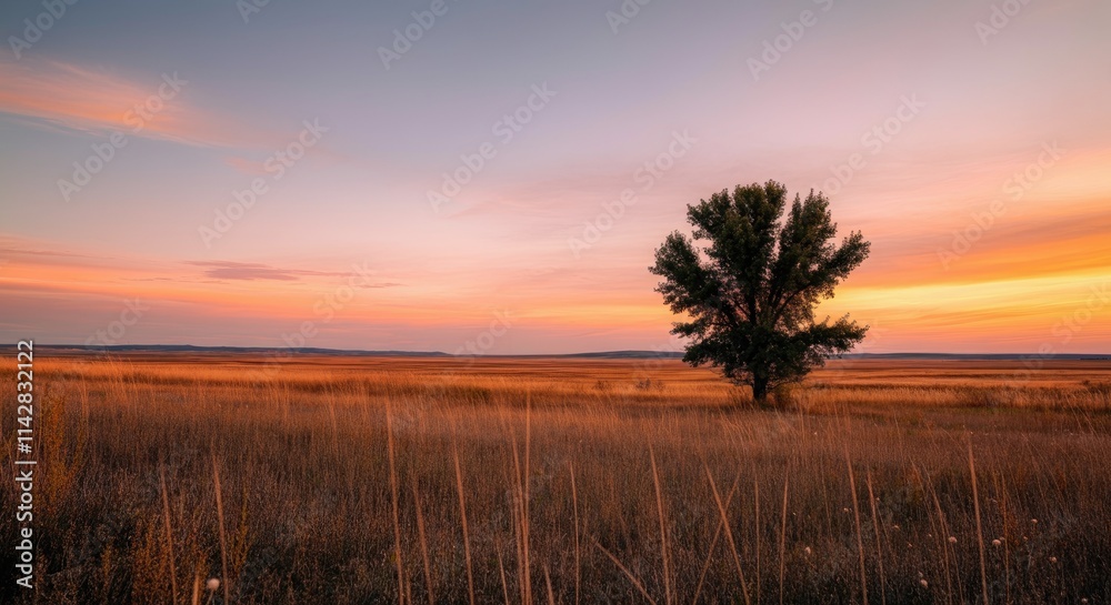 Lone tree stands in vast, golden sunset-lit prairie Lone tree stands in vast, golden sunset-lit prairie