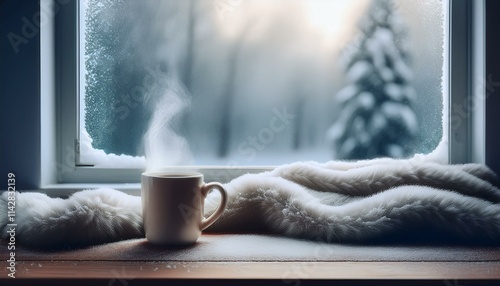 Scene with a mug full of warm coffee and a small blanket on a table on a cold winter day with falling snow visible through a window photo